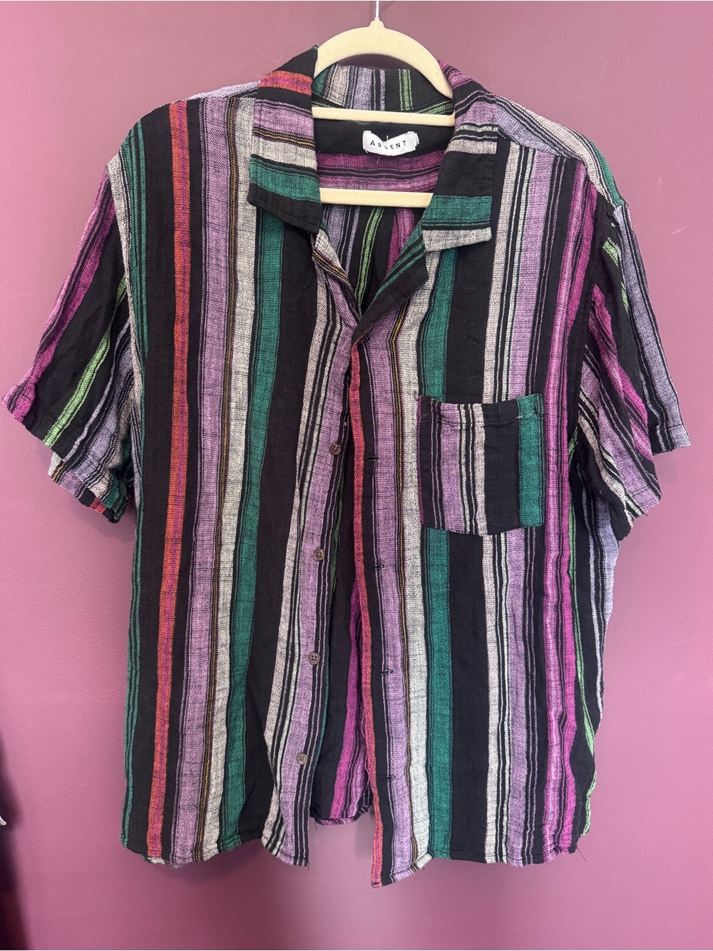 ABSENT Vintage-Style Striped Short Sleeve Shirt - Black & Purple